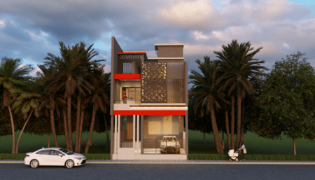 25x55-Bungalow-Grey-Red-Theme-Elevation-2300 sq ft-Builtup-Area-smartscale-house-design