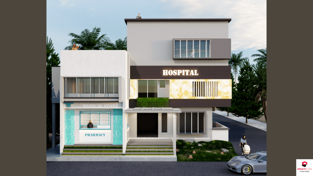 hospital elevation design single floor plus residential space
