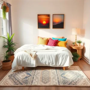 10x12 bedroom with a soft area rug, vibrant throw pillows, and a few potted plants adding freshness and charm.