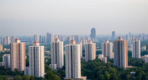 A skyline view of Mumbai with high-rise apartment buildings