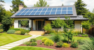 A modern eco-friendly house with solar panels and green landscaping.