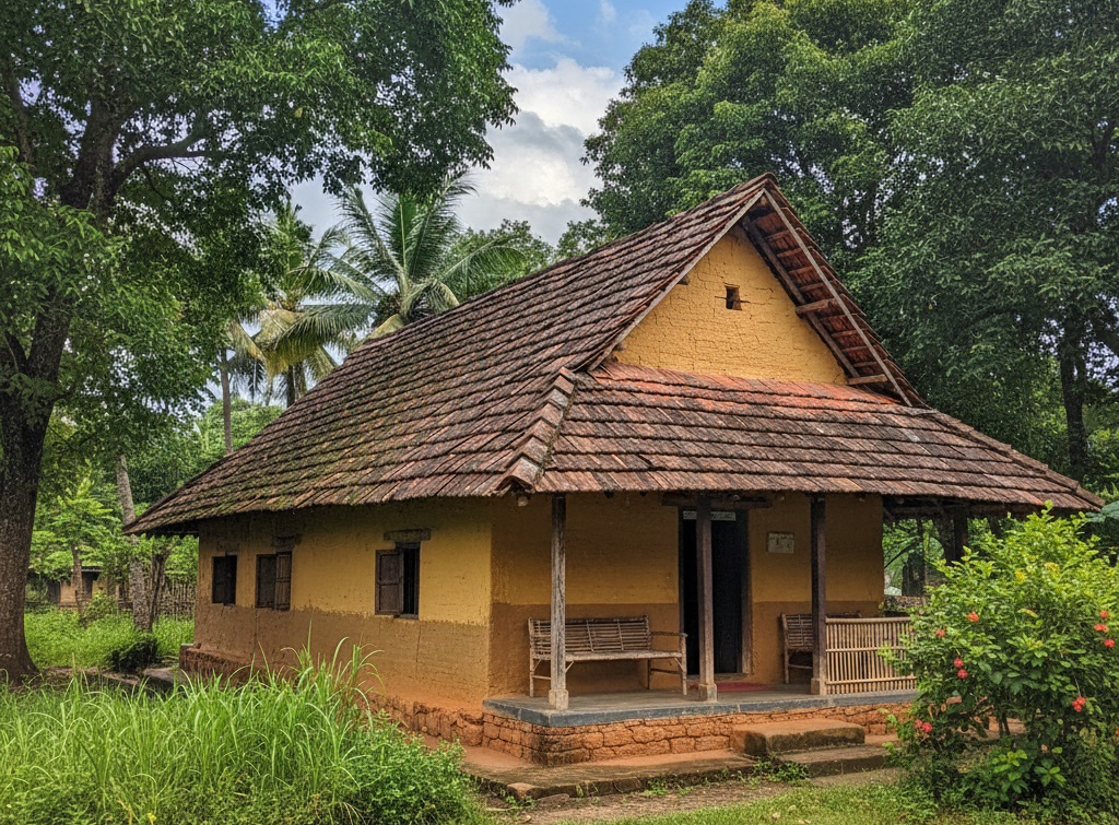 Village house with sloping tiled roof