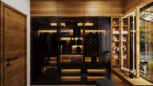 Modern glass wardrobe design with dressing table