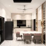 10x10 L-shaped modular kitchen design with cream matte cabinets black granite countertop open dining area India