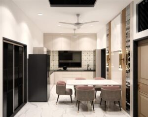 10x10 L-shaped modular kitchen design with cream matte cabinets black granite countertop open dining area India