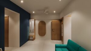 12x15 hall interior design with modern entrance foyer, wooden main door, decorative console unit, accent mirror, navy blue feature wall, and spacious contemporary living room layout.