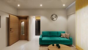 12x15 living room layout with a teal three-seater sofa, round wooden coffee table, large window with floor-to-ceiling curtains, minimalist false ceiling, and modern hall interior design.