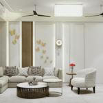 360 sq ft luxury hall interior design with contemporary furniture, false ceiling, designer lighting, and spacious seating layout