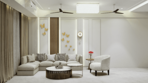 360 sq ft luxury hall interior design with contemporary furniture, false ceiling, designer lighting, and spacious seating layout
