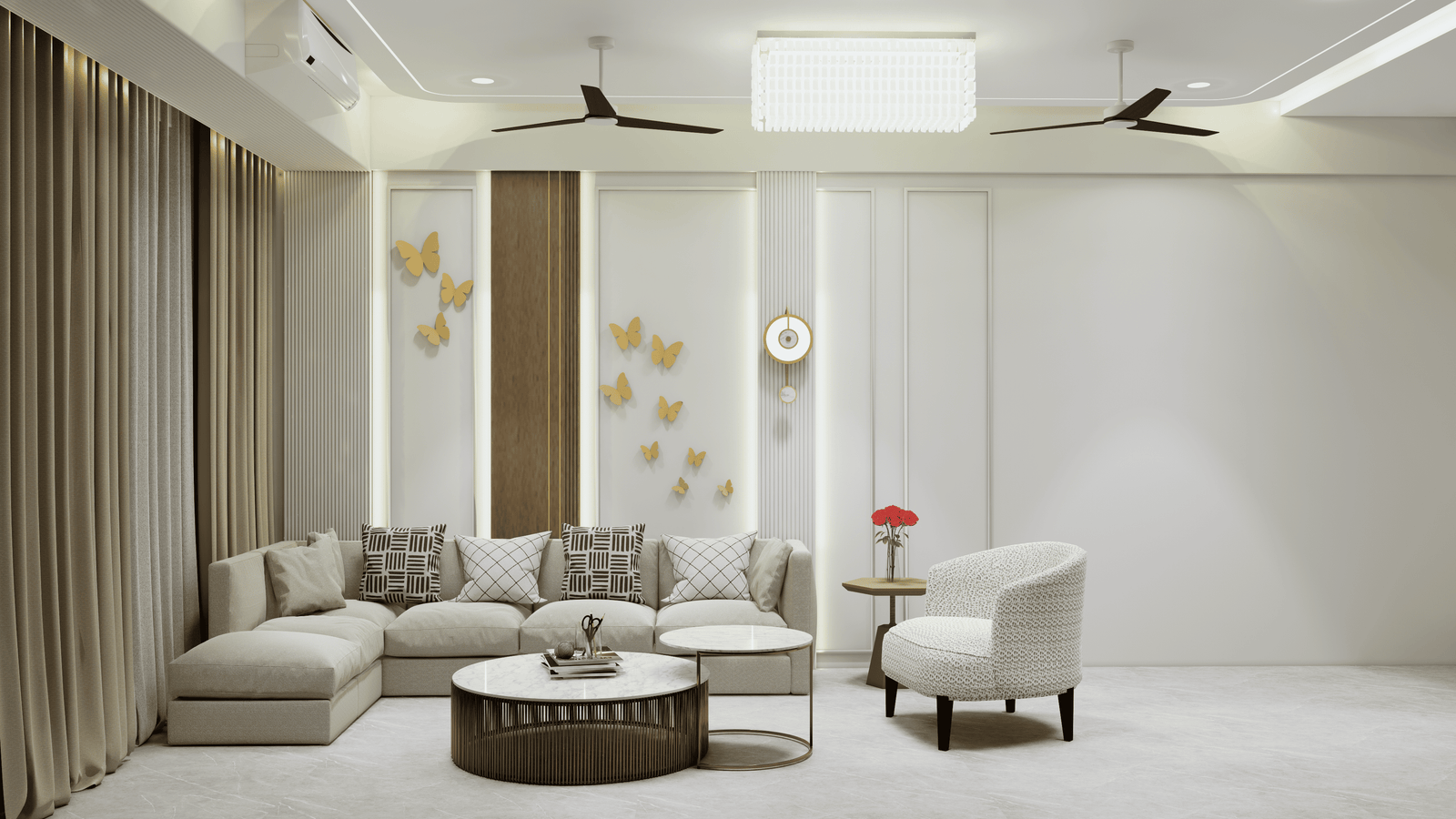 360 sq ft luxury hall interior design with contemporary furniture, false ceiling, designer lighting, and spacious seating layout