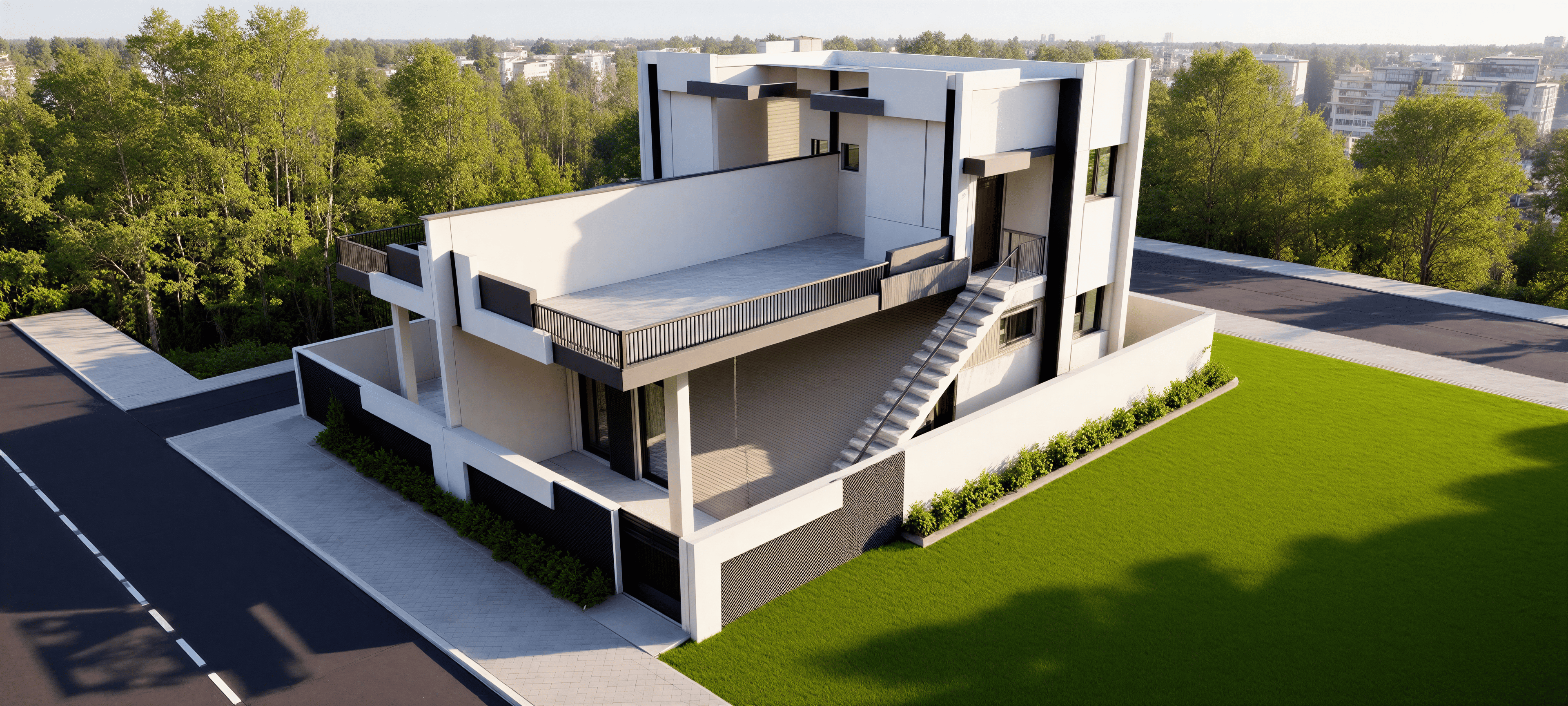 Aerial view of a modern 40x60 house design featuring large rooftop terrace, contemporary architecture and landscaped boundary