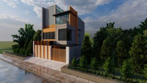 Angled perspective view of a luxury 20x40 contemporary house elevation with large corner windows, modern architectural details, and premium exterior finishes.
