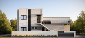 Contemporary 40x60 modern house design showing side elevation, spacious terrace, external staircase, car parking and premium facade