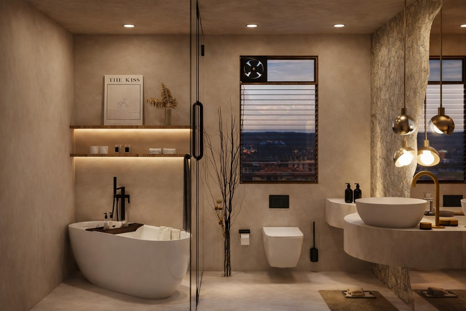 8x10 Contemporary master bathroom design featuring bathtub, glass shower enclosure and modern vanity
