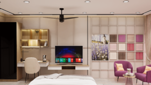 Contemporary master bedroom interior design with a study area, wardrobe, floor-to-ceiling windows, and elegant neutral color palette