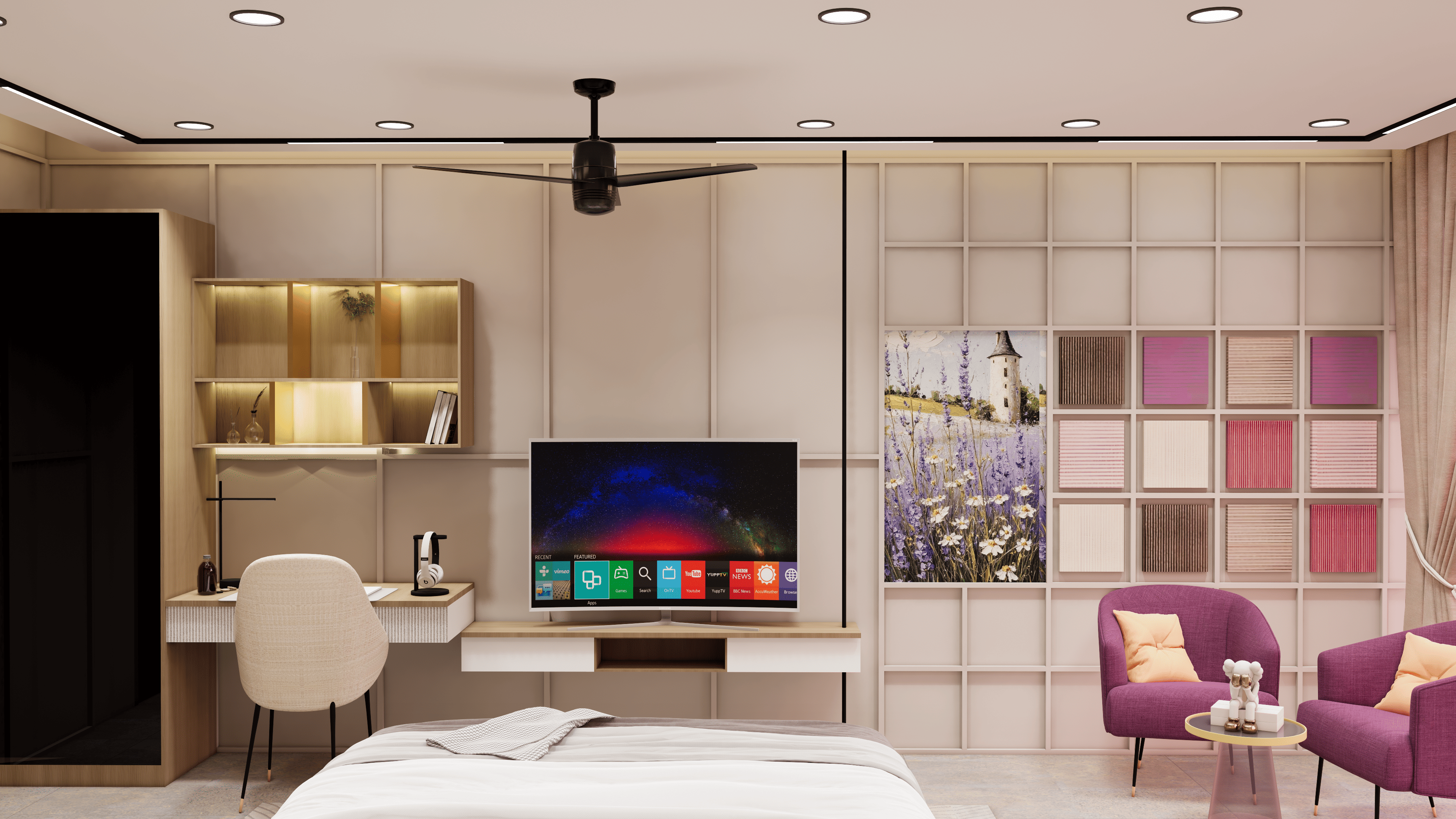 Contemporary master bedroom interior design with a study area, wardrobe, floor-to-ceiling windows, and elegant neutral color palette