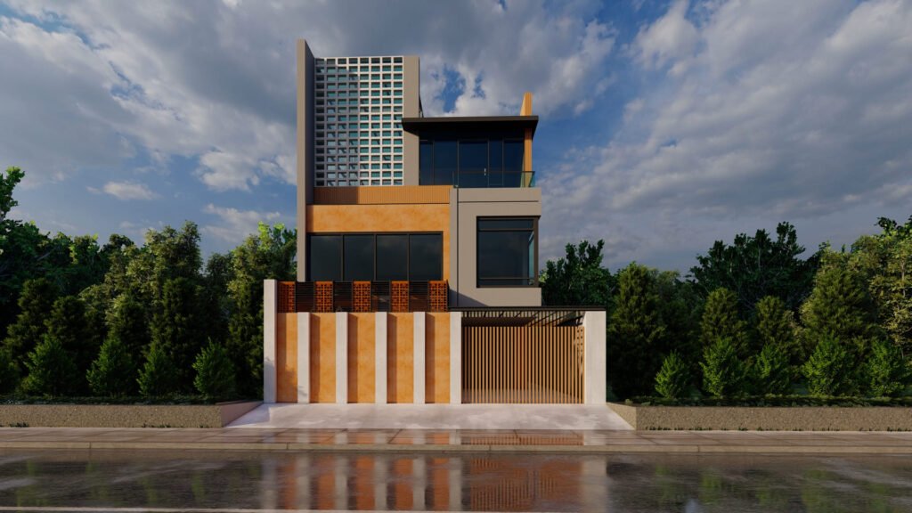 Front-elevation-of-a-modern-20x40-G2-house-design-featuring-a-contemporary-facade-glass-balcony-decorative-jaali-screen-and-wood-finish-cladding