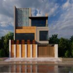 Front-elevation-of-a-modern-20x40-G2-house-design-featuring-a-contemporary-facade-glass-balcony-decorative-jaali-screen-and-wood-finish-cladding