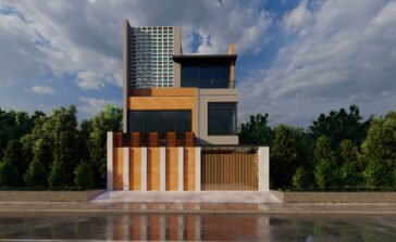 Front-elevation-of-a-modern-20x40-G2-house-design-featuring-a-contemporary-facade-glass-balcony-decorative-jaali-screen-and-wood-finish-cladding