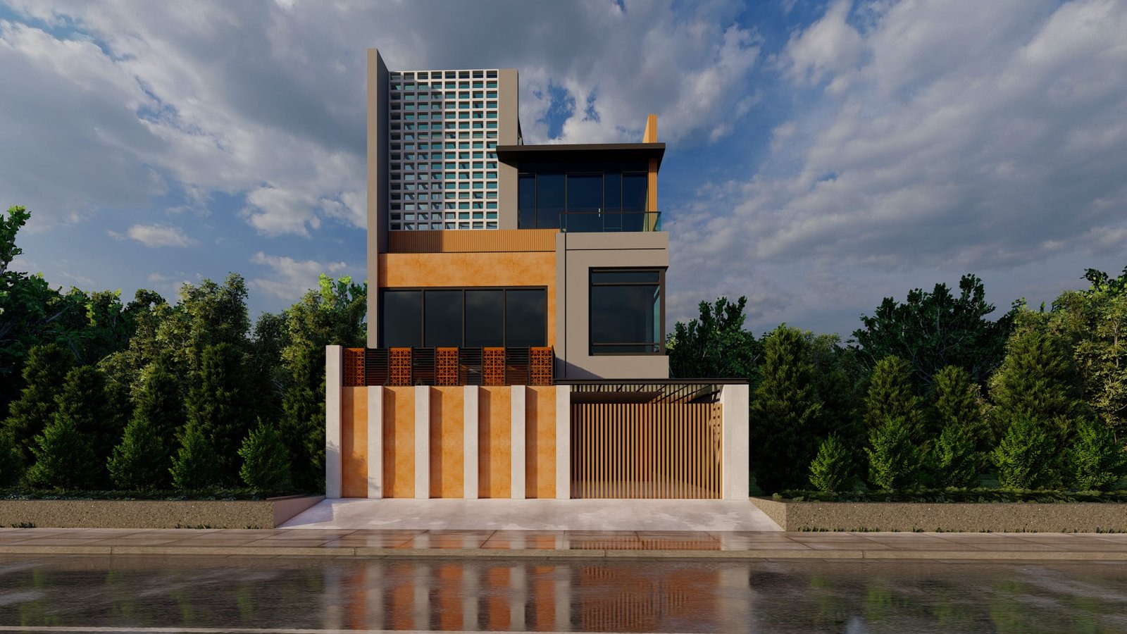 Front-elevation-of-a-modern-20x40-G2-house-design-featuring-a-contemporary-facade-glass-balcony-decorative-jaali-screen-and-wood-finish-cladding