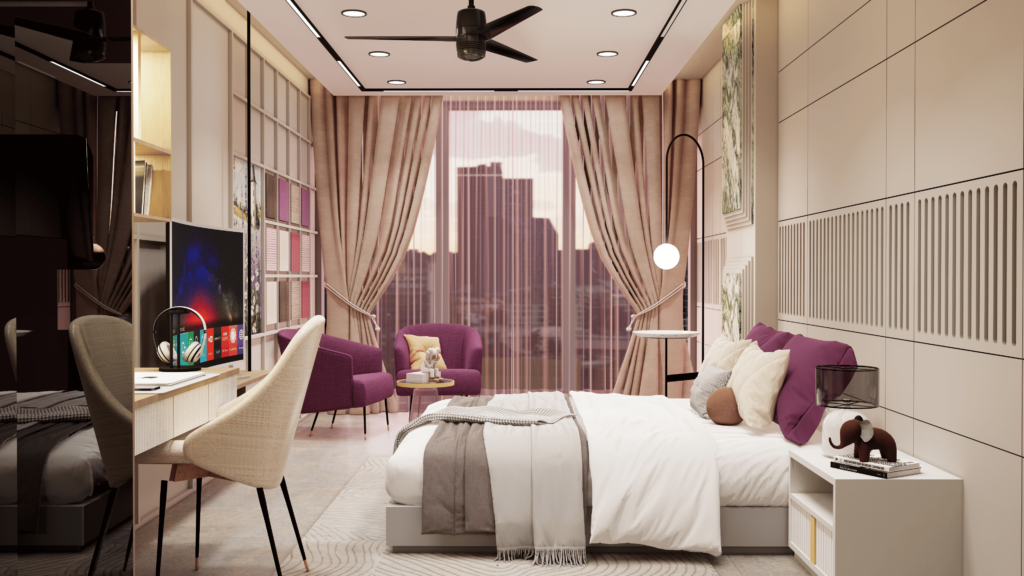 Luxury 12x15 bedroom interior featuring a queen-size bed, marble accent wall, wooden finishes, modern false ceiling, and TV unit