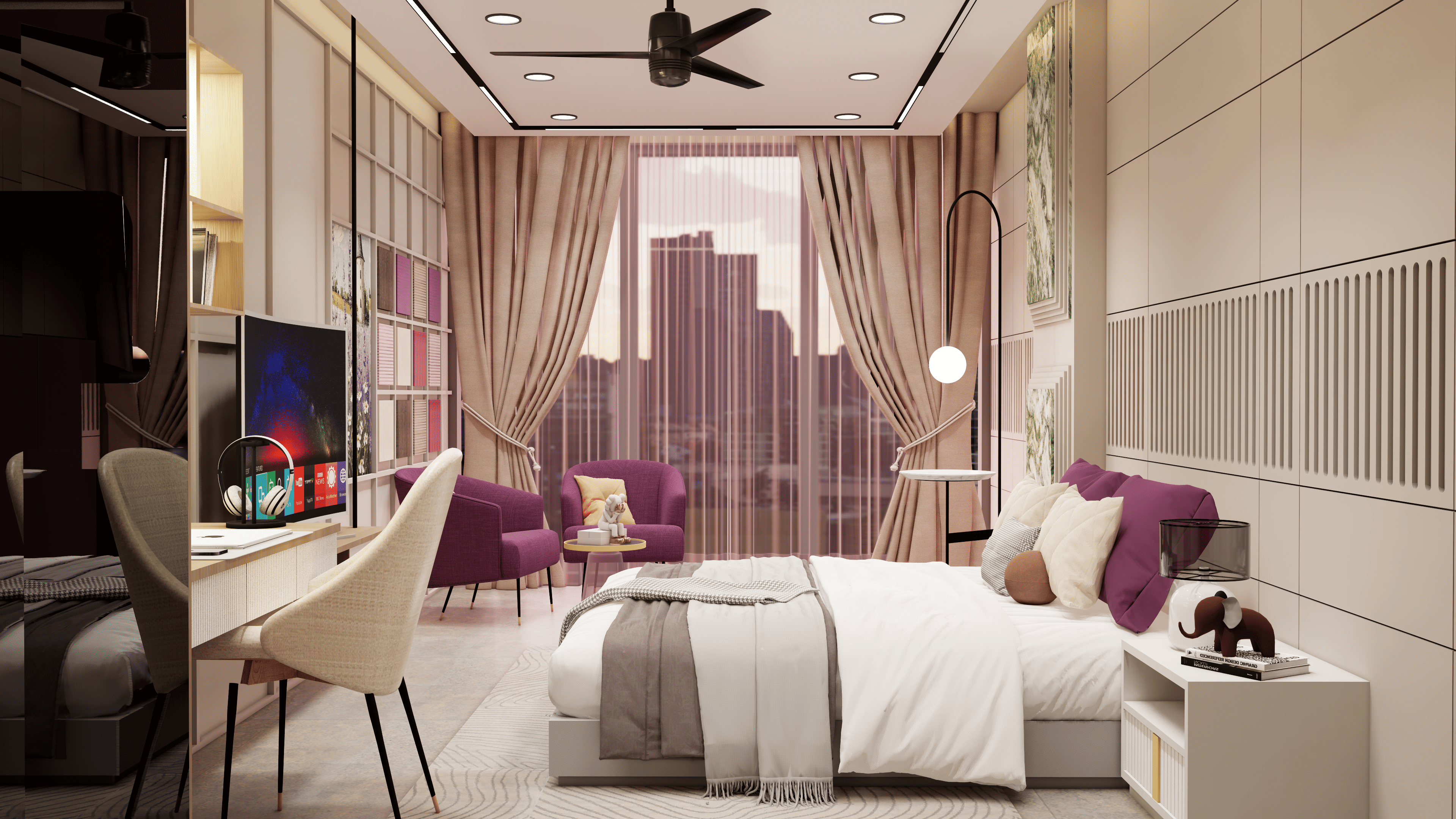 Luxury 12x15 bedroom interior featuring a queen-size bed, marble accent wall, wooden finishes, modern false ceiling, and TV unit