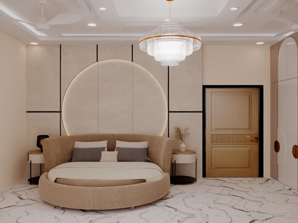 Luxury 250 sq ft master bedroom interior design with king-size bed, beige wall panels, wooden accents, false ceiling, ambient LED lighting, TV unit, and modern hotel-style décor.