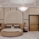 Luxury 250 sq ft master bedroom interior design with king-size bed, beige wall panels, wooden accents, false ceiling, ambient LED lighting, TV unit, and modern hotel-style décor.