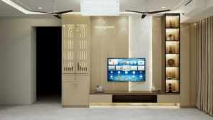 Luxury modern hall interior design with designer TV unit, elegant false ceiling, decorative wall finishes, and contemporary furniture