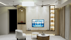 Luxury modern living room interior design with premium TV unit, beige sofa, wooden wall panels, and false ceiling lighting