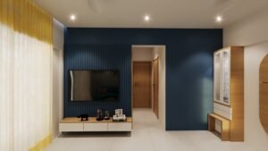 Modern 12x15 living room design featuring a navy blue fluted TV wall, floating TV unit, wooden storage cabinet, large window with sheer curtains, and contemporary minimalist hall interior.