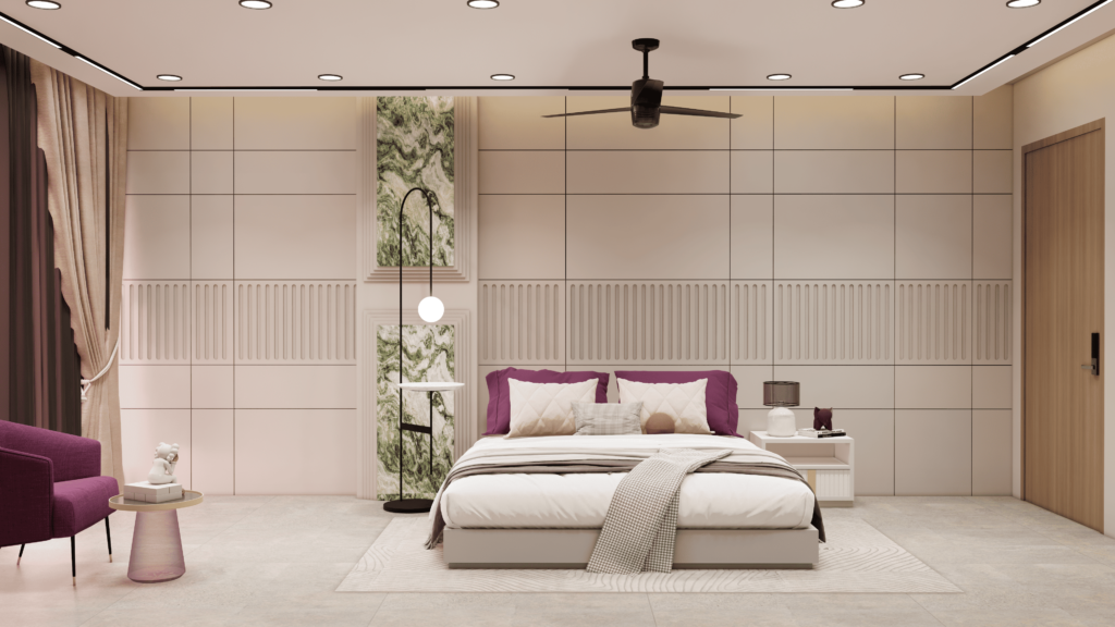 Modern 12x15 master bedroom interior design with upholstered bed, decorative wall panels, study desk, TV unit, and lounge seating