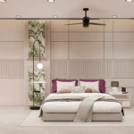 Modern 12x15 master bedroom interior design with upholstered bed, decorative wall panels, study desk, TV unit, and lounge seating
