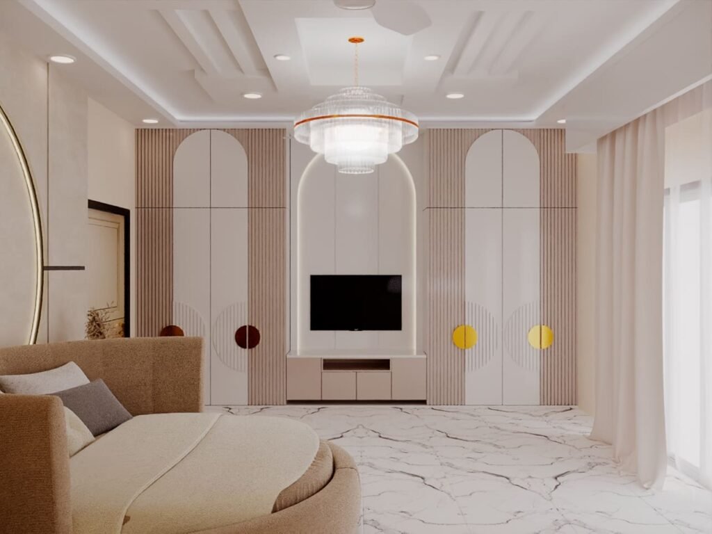 Modern 250 sq ft master bedroom featuring a designer TV unit, lounge seating, floor-to-ceiling curtains, premium wardrobe, warm lighting, and elegant contemporary interior design.