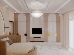 Modern 250 sq ft master bedroom featuring a designer TV unit, lounge seating, floor-to-ceiling curtains, premium wardrobe, warm lighting, and elegant contemporary interior design.