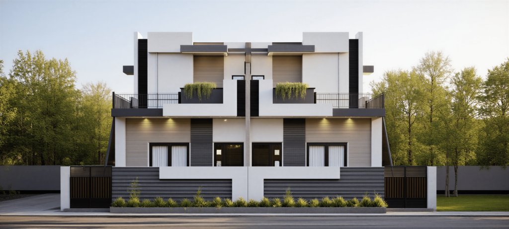 Modern 40x60 house design front elevation with open terrace, contemporary white and grey exterior, external staircase and boundary wall