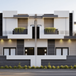 Modern 40x60 house design front elevation with open terrace, contemporary white and grey exterior, external staircase and boundary wall