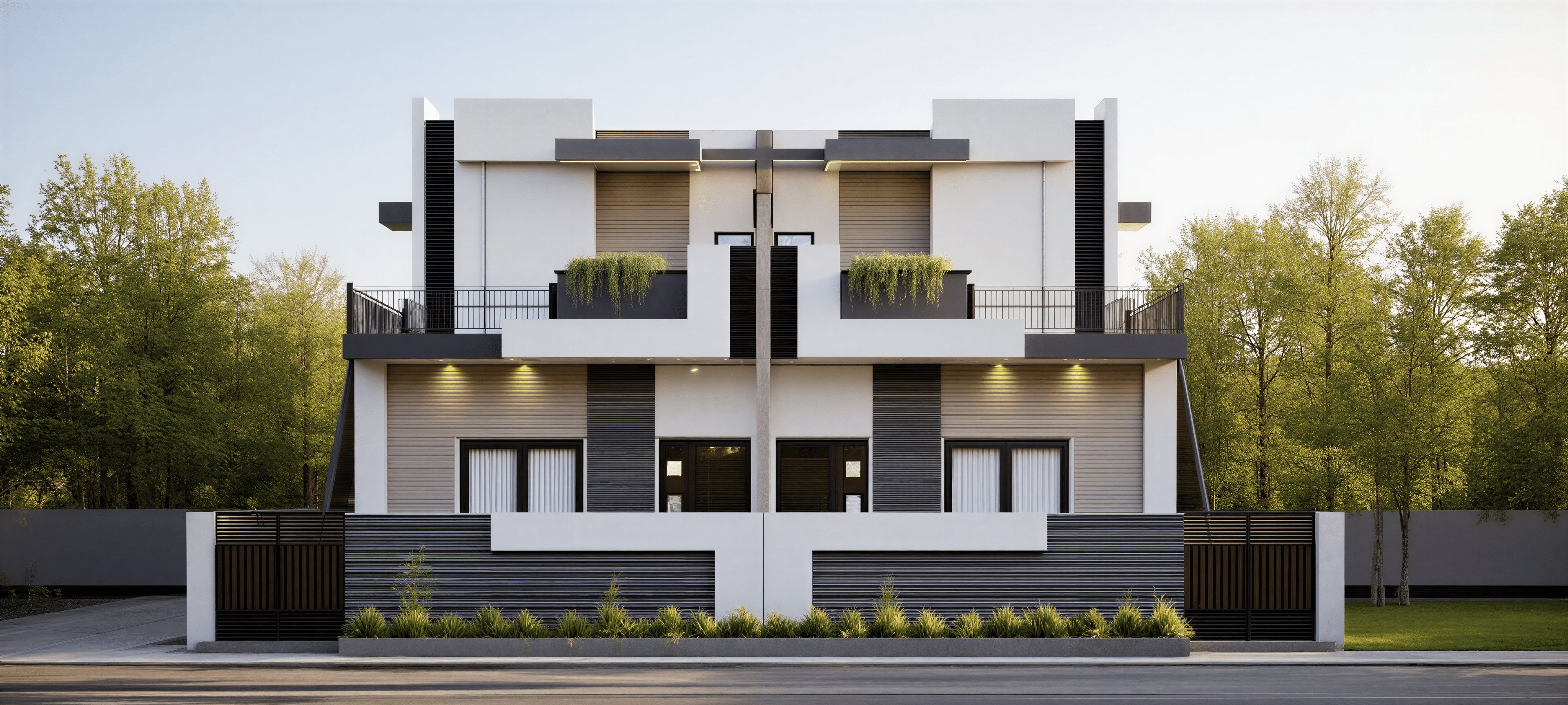 Modern 40x60 house design front elevation with open terrace, contemporary white and grey exterior, external staircase and boundary wall