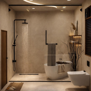 Modern 8x10 luxury bathroom interior with walk-in shower, floating vanity and wall-mounted toilet