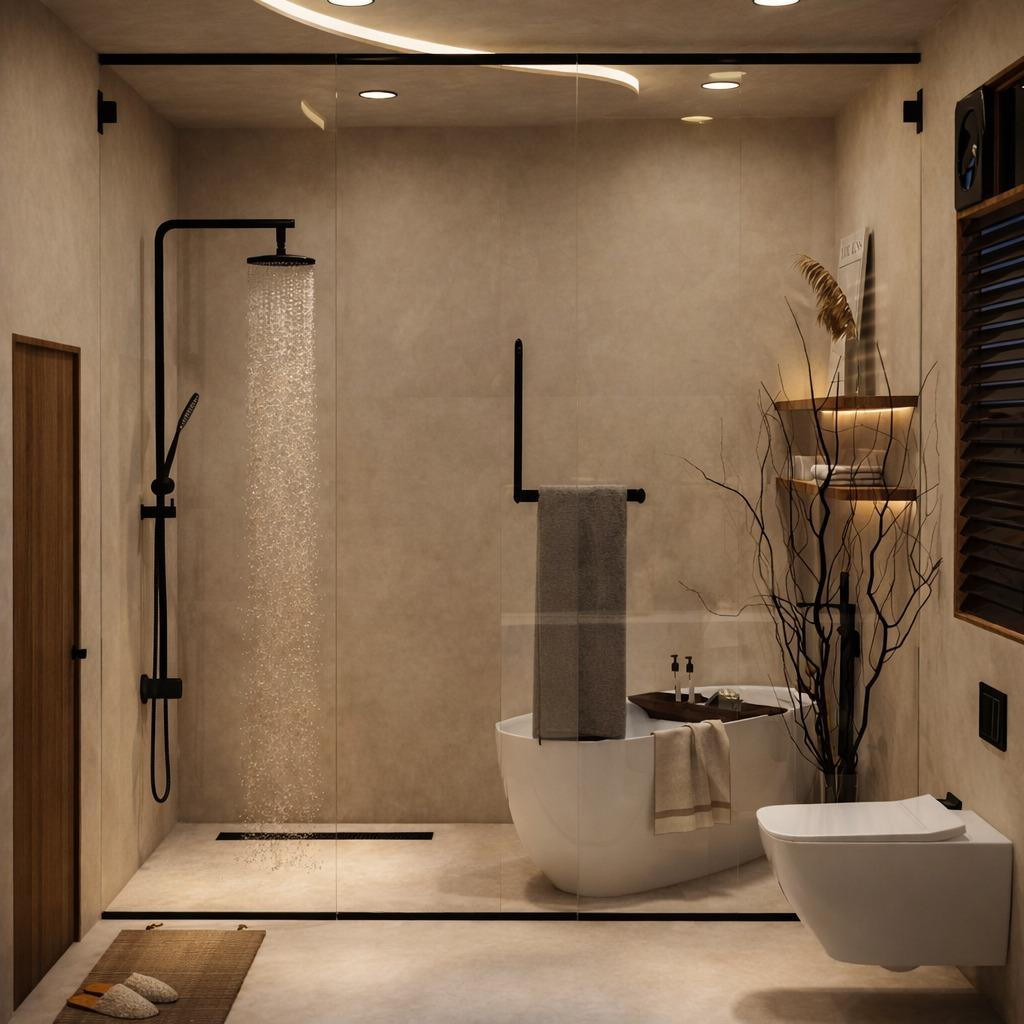 Modern 8x10 luxury bathroom interior with walk-in shower, floating vanity and wall-mounted toilet