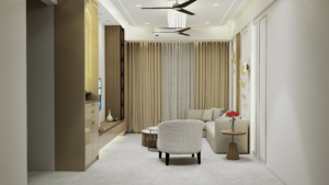 Modern living room design featuring elegant TV wall, floating entertainment unit, decorative shelves, and ambient LED lighting