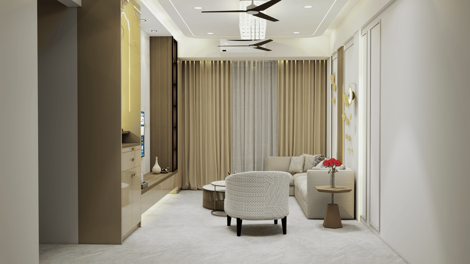 Modern living room design featuring elegant TV wall, floating entertainment unit, decorative shelves, and ambient LED lighting