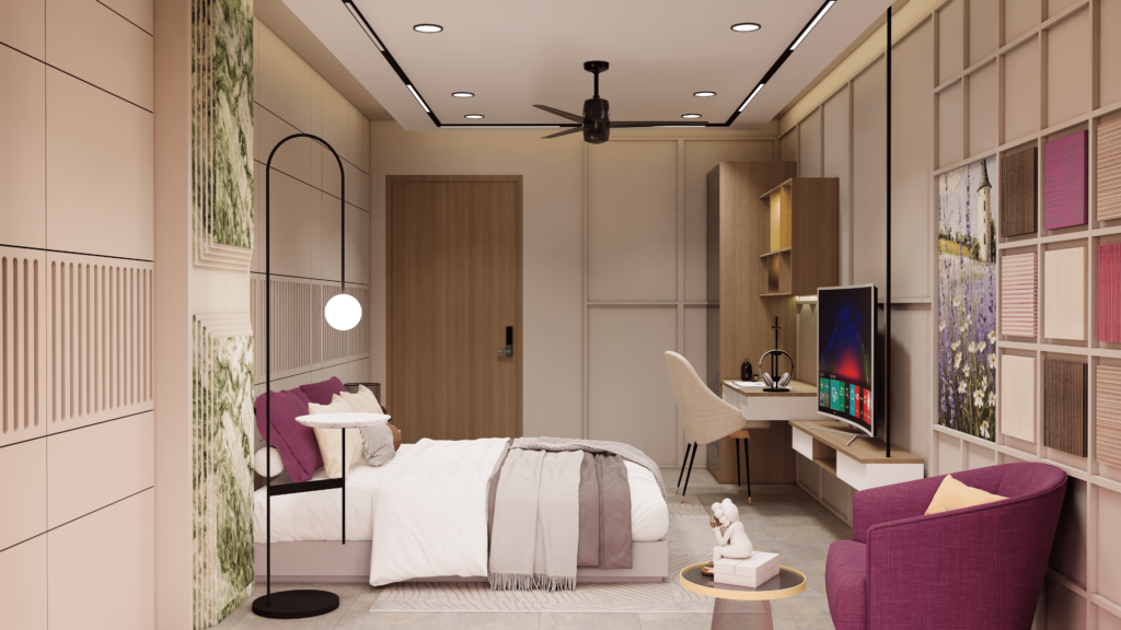 Modern luxury bedroom design with queen-size bed, wall paneling, recessed LED lighting, floating TV console, and stylish seating area