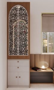 Modern wooden mandir design for home featuring an elegant arched frame, CNC jali panels, warm LED lighting, and storage drawers for a contemporary pooja space.