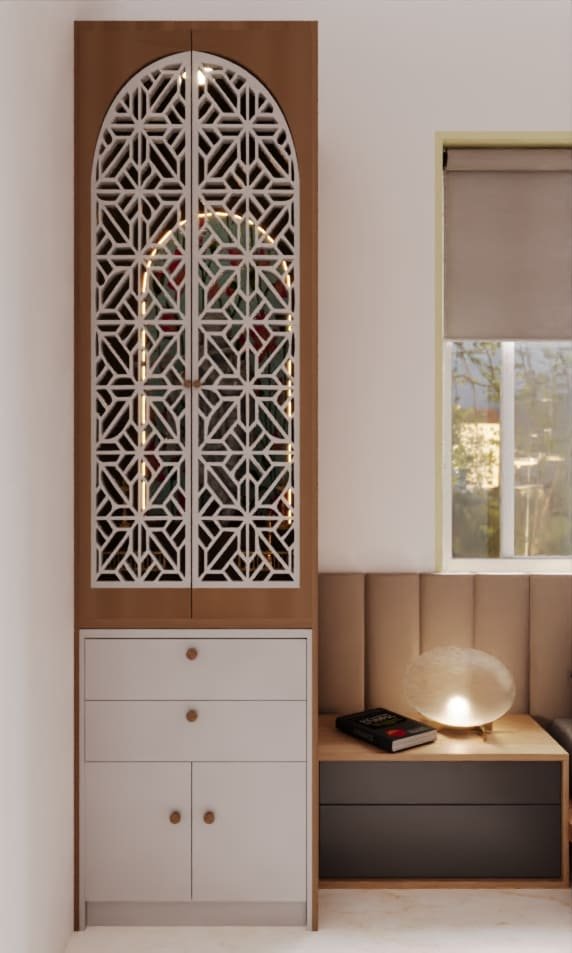 Modern wooden mandir design for home featuring an elegant arched frame, CNC jali panels, warm LED lighting, and storage drawers for a contemporary pooja space.