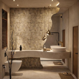 8x10 Premium bathroom interior with stone accent wall, freestanding bathtub and floating wash basin