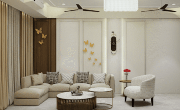 Premium living room interior with fluted wall panels, floating TV cabinet, warm neutral colours, and modern ceiling design