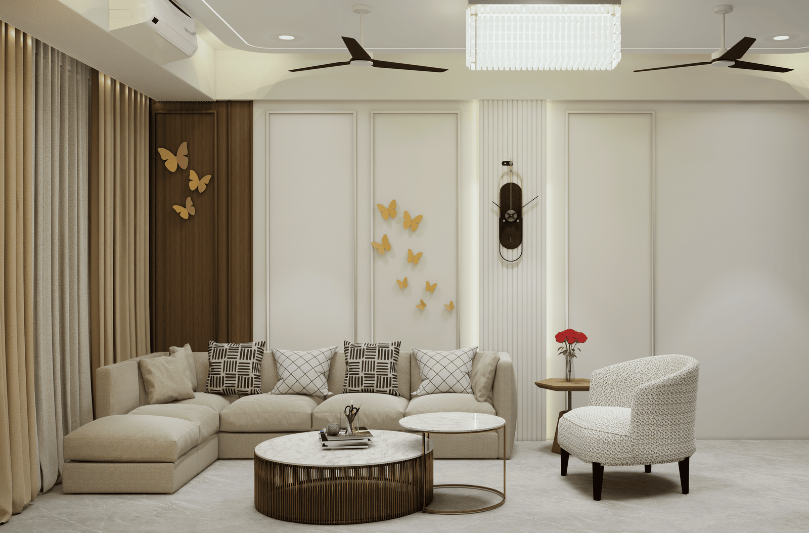 Premium living room interior with fluted wall panels, floating TV cabinet, warm neutral colours, and modern ceiling design