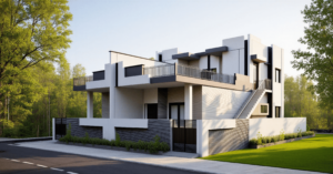 Rear elevation of a 40x60 contemporary house design with modern balcony, rooftop terrace, clean facade and minimalist architecture