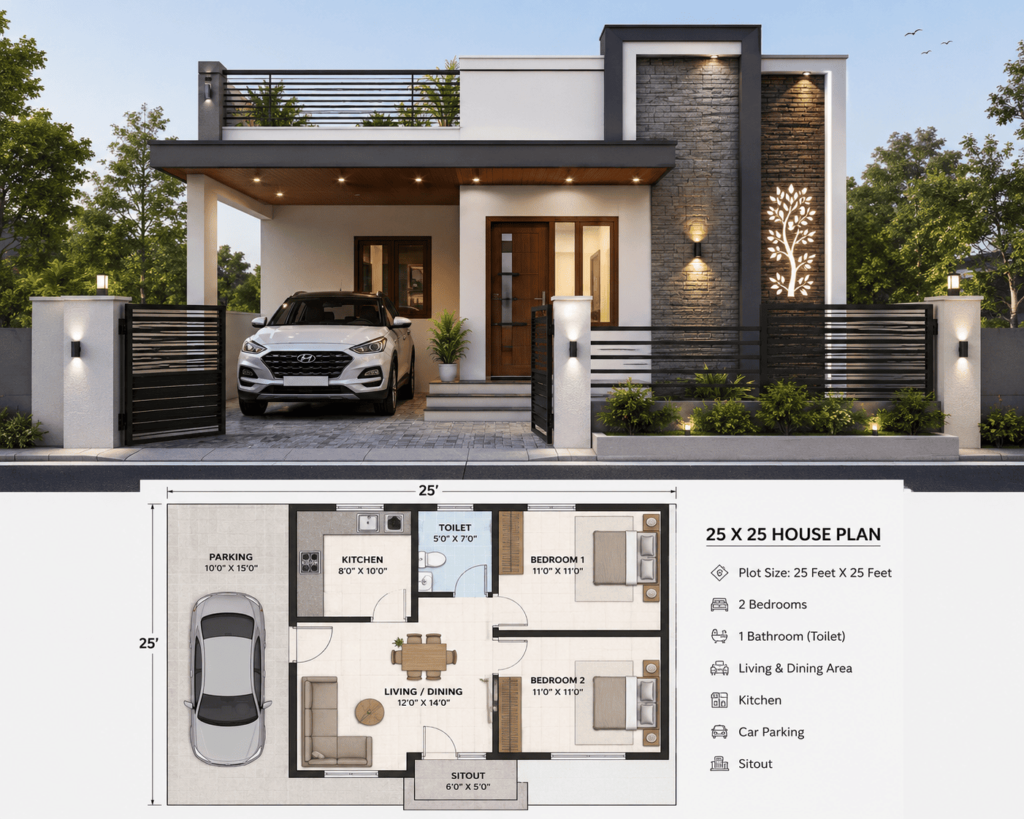 25 X 25 House Plan 3D With Car Parking, 2 Bedrooms and Sitout